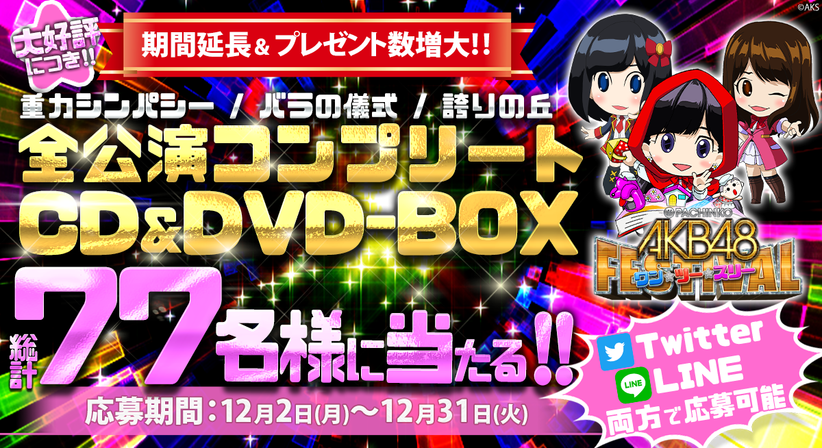 〈ぱちんこ AKB48 ワン・ツー・スリー!! フェスティバル〉導入記念 「重力シンパシー／バラの儀式／誇りの丘全公演コンプリート CD＆DVD-BOXプレゼント」応募期間延長＆プレゼント数増大！